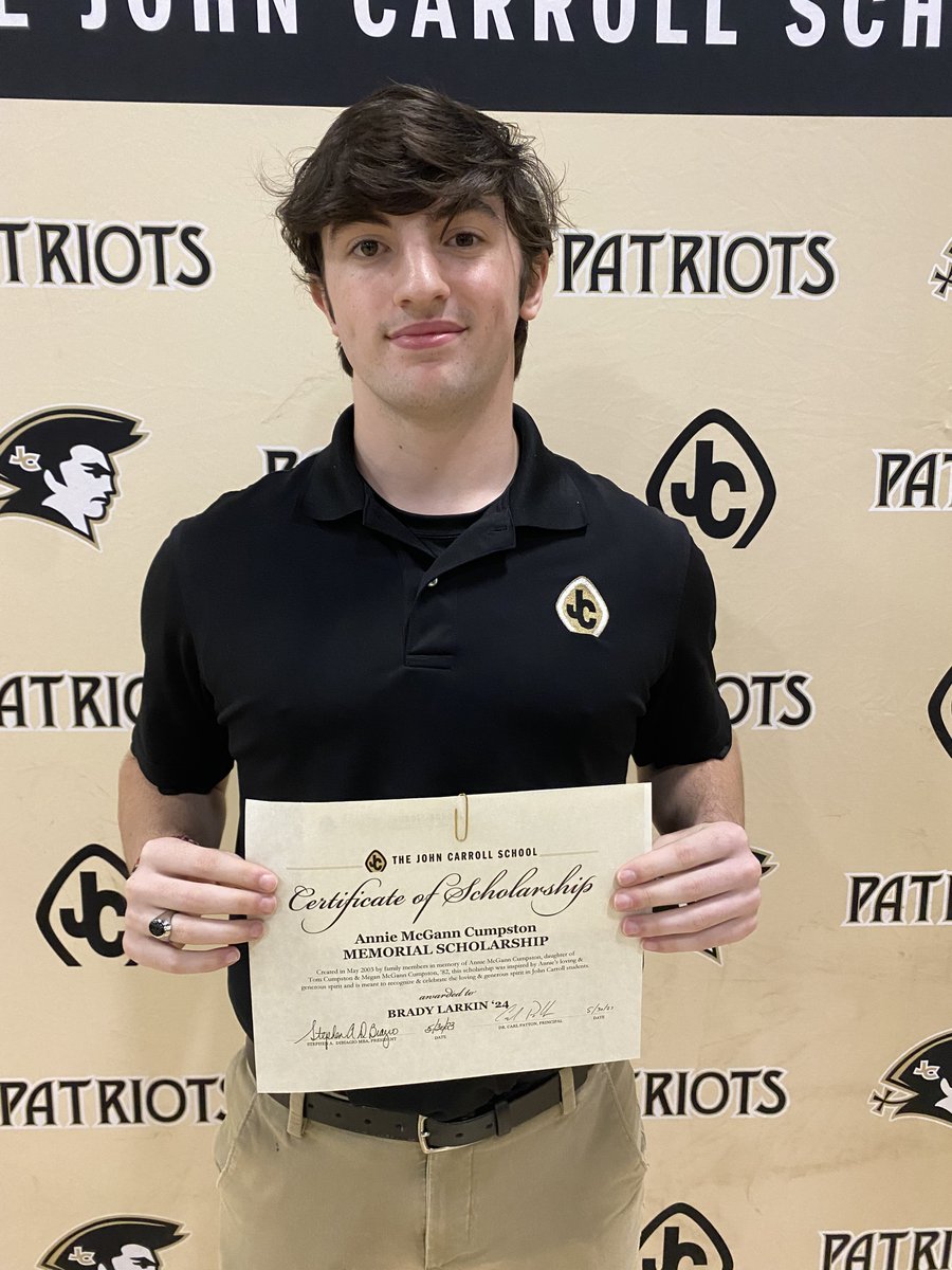 BradyLarkin16's tweet photo. It was a blessing today to be honored by The John Carroll School as the '24 male recipient of the Annie McGann Cumpston Memorial Scholarship for service and volunteerism in my community. https://t.co/h0OsSs3ViV