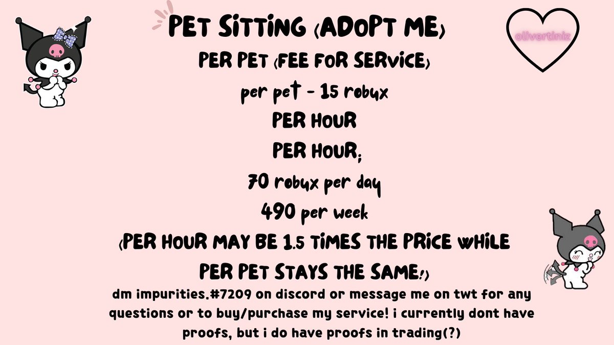 olivertiniz's tweet photo. pet sitting in adopt me! accepting  nitro &amp; robux
#adoptmetrading #Adoptmetrades #adoptmeoffers #adoptmetradings #adoptmepetsitting #adoptmeroblox #robloxcommission #roblox #RobloxUGC #RobloxDown #adoptme https://t.co/rsZ7LmPgkJ