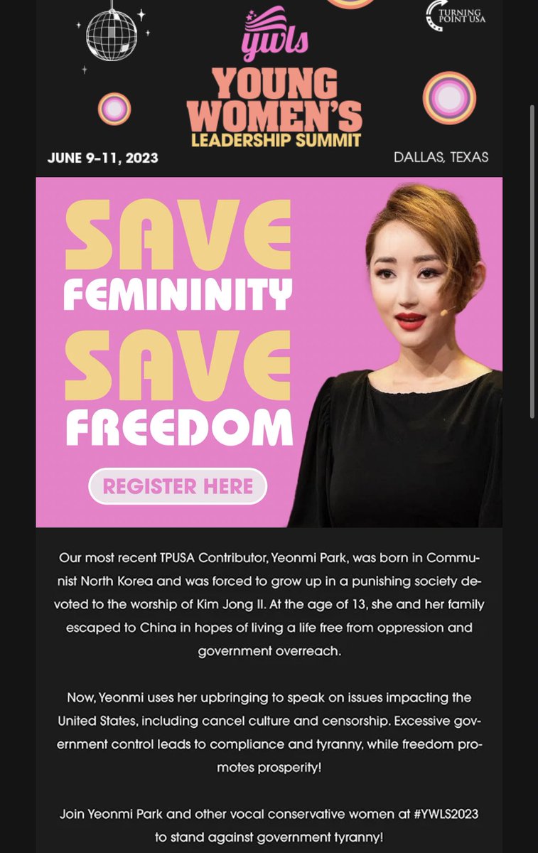 Why does @TPUSA continue to push and advertise their conference featuring Yeonmi Park? 

For reminders: Yeonmi Park is a proven liar, who has pushed neoliberal warmongering against North Korea for years by embellishing her “defector” story.