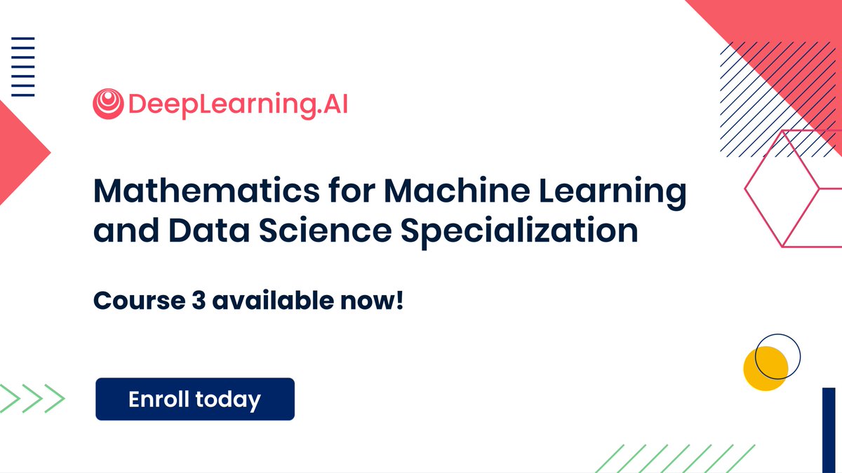 Course 3 of the Mathematics for Machine Learning and Data Science Specialization is now available.

📚 Learn probability and statistics for AI practitioners.
💡 Gain skills for accurate predictions.
🔥 Earn your specialization certificate!

Enroll today: hubs.ly/Q01RSSfc0