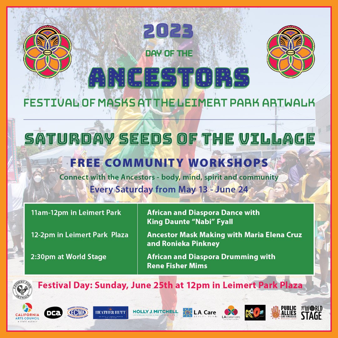 Join us for Seeds of the Village Saturdays to dance, create masks, and drum with the community! Every Saturday from Now- June 24! Find out more and register at: tinyurl.com/FOMWorkshops #FestivalofMasks #LeimertParkMaskFestival #DayoftheAncestors