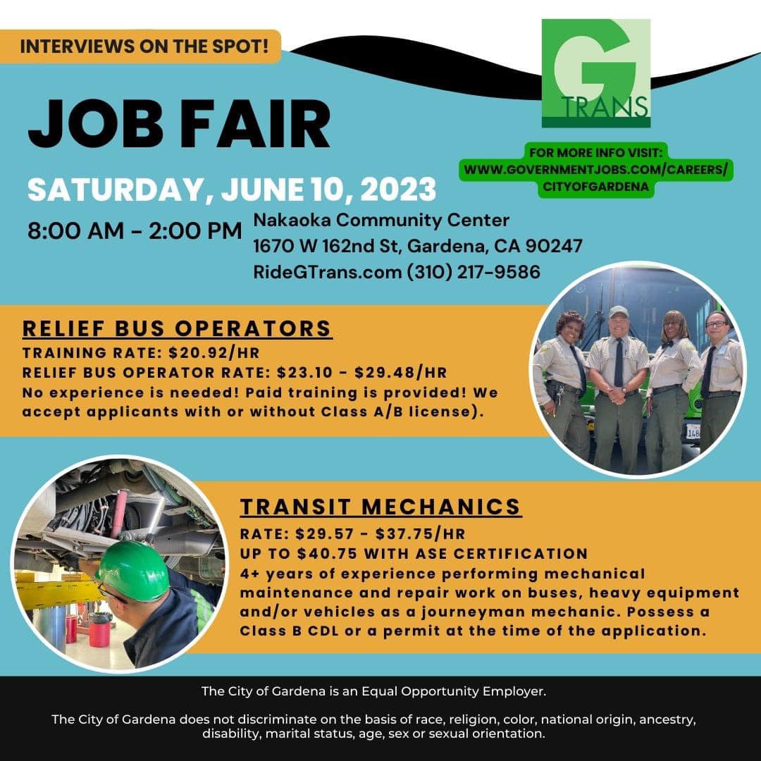 LACo_DPSS's tweet image. Job seekers! The @CityofGardena  is hiring Bus Operators and Transit Mechanics at their upcoming hiring event on Sat., June 10, 8am-2pm, at the Nakaoka Community Center. More info at governmentjobs.com/careers/cityof….

#busoperator #driver #mechanic #job #career #LACounty @CountyofLA