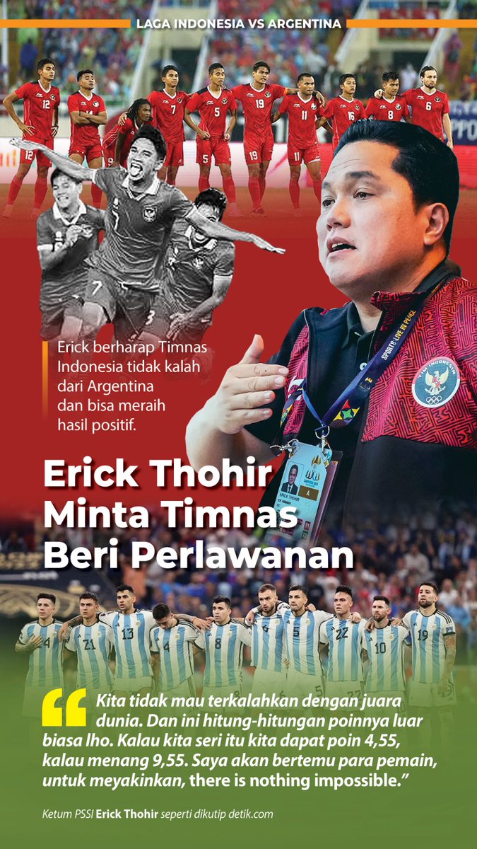 Meski kalah kelas, namun timnas Indonesia diharapkan akan mampu memberikan perlawanan terbaik kepada Argentina demi meningkatkan rangking FIFA.
Semangat!!!
.
@erickthohir
#GueBarengErickThohir