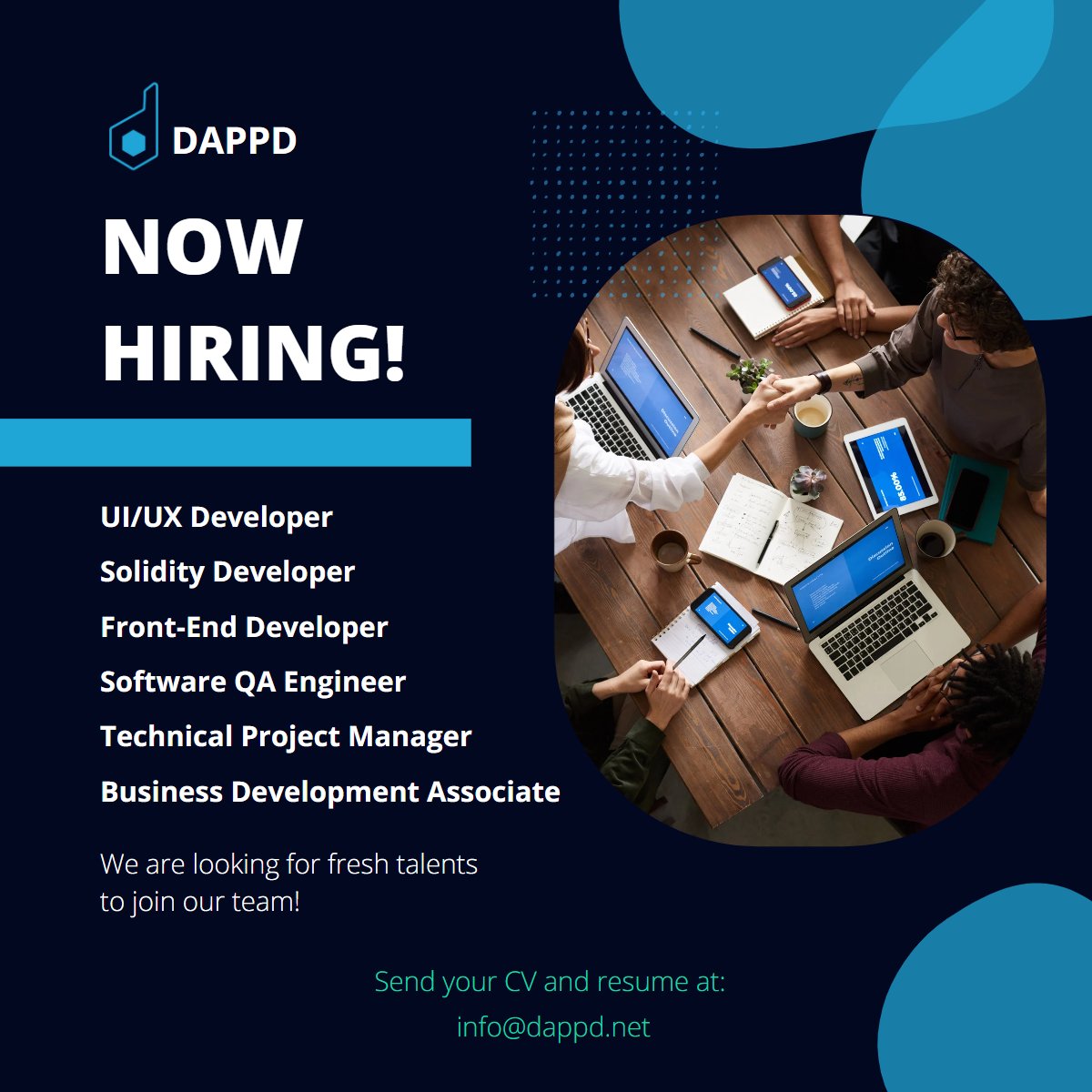 📢𝐖𝐄'𝐑𝐄 𝐇𝐈𝐑𝐈𝐍𝐆

🌐Come Join Our Talented Team

#openpositions
UI/UX Dev • Solidity Dev • Front-End Dev • Software QA Engineer • TPM • Business Development Associate

Tag someone you know who wants to Innovate #Web3