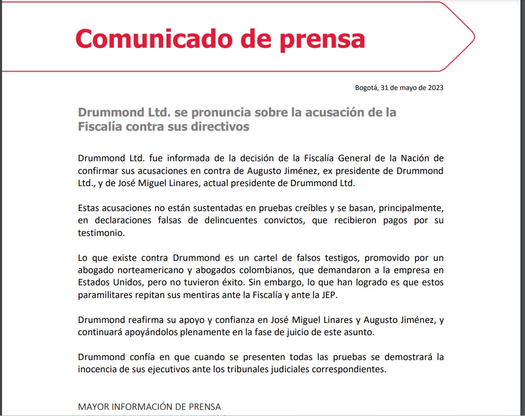 #JUDICIAL <a href="/DrummondLtdCo/">Drummond Ltd. Colombia</a> respondió a la acusación de la <a href="/FiscaliaCol/">Fiscalía Colombia</a> en contra de dos de sus directivos por presunta financiación a paramilitares. Dice que pruebas no son creíbles y se basan, principalmente, en declaraciones falsas de delincuentes convictos. <a href="/andresGgaitan/">José Andrés González G</a>