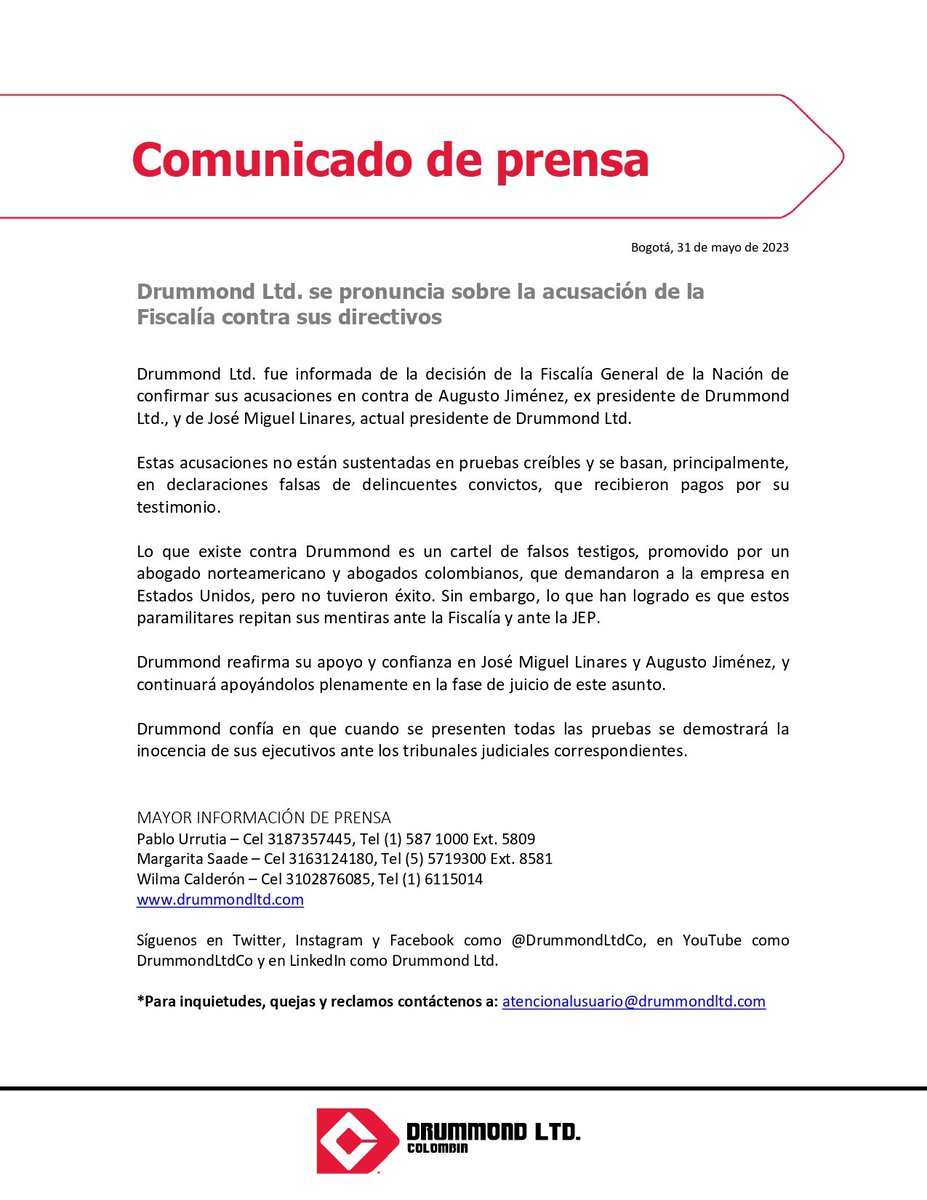 Respecto a la decisión de la <a href="/FiscaliaCol/">Fiscalía Colombia</a>, reiteramos que las acusaciones en contra de nuestro pdte. <a href="/JMLinaresDLTD/">José Miguel Linares</a> y expresidente Augusto Jiménez, se basan en declaraciones falsas y no están sustentadas en pruebas creíbles. Compartimos nuestra posición en este comunicado: