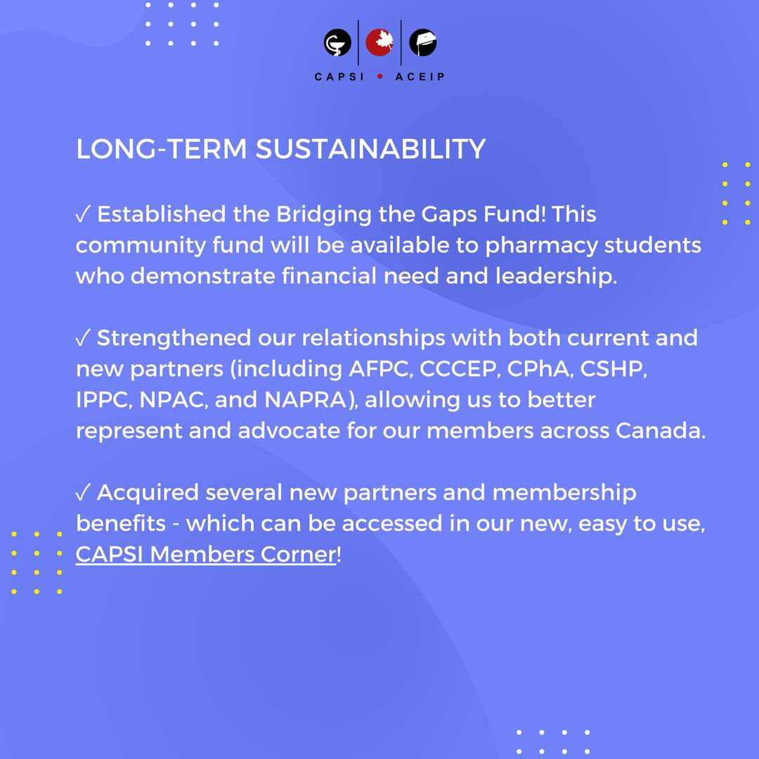 Your 2022-2023 council, composed of 36 pharmacy students and pharmacists, worked together to strengthen our association allowing CAPSI to better provide for our members. As our last post of the council year, we’re sharing some of our highlights.
