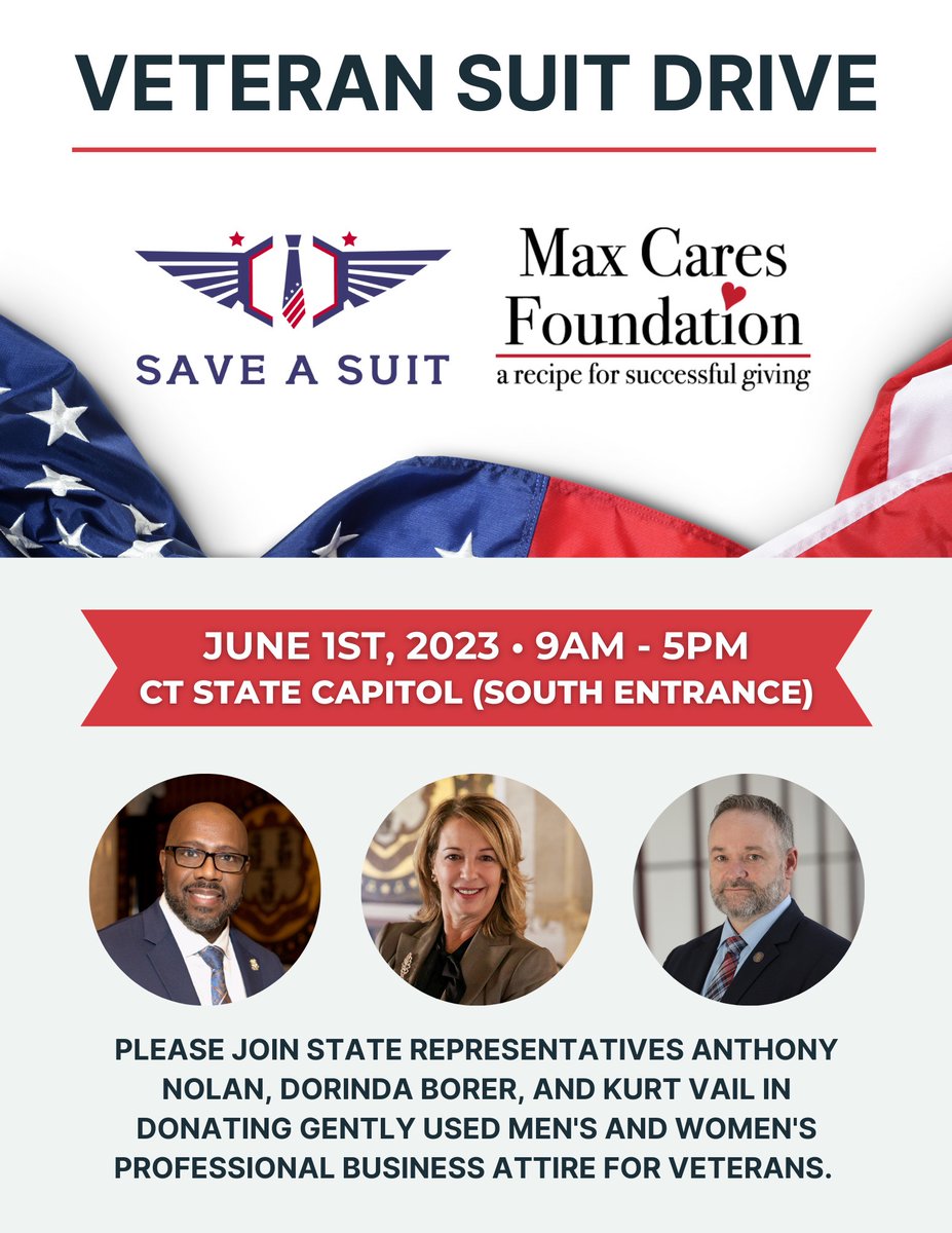 Veteran Save-a-Suit Drive. Please bring any gently worn suits or professional apparel that can be donated to Veterans applying for jobs. Save A Suit Event for our Veterans June 1, 2023 Drop them off at the South Entrance of the Capitol. 
Address: 300 Capitol Ave Hartford, CT.