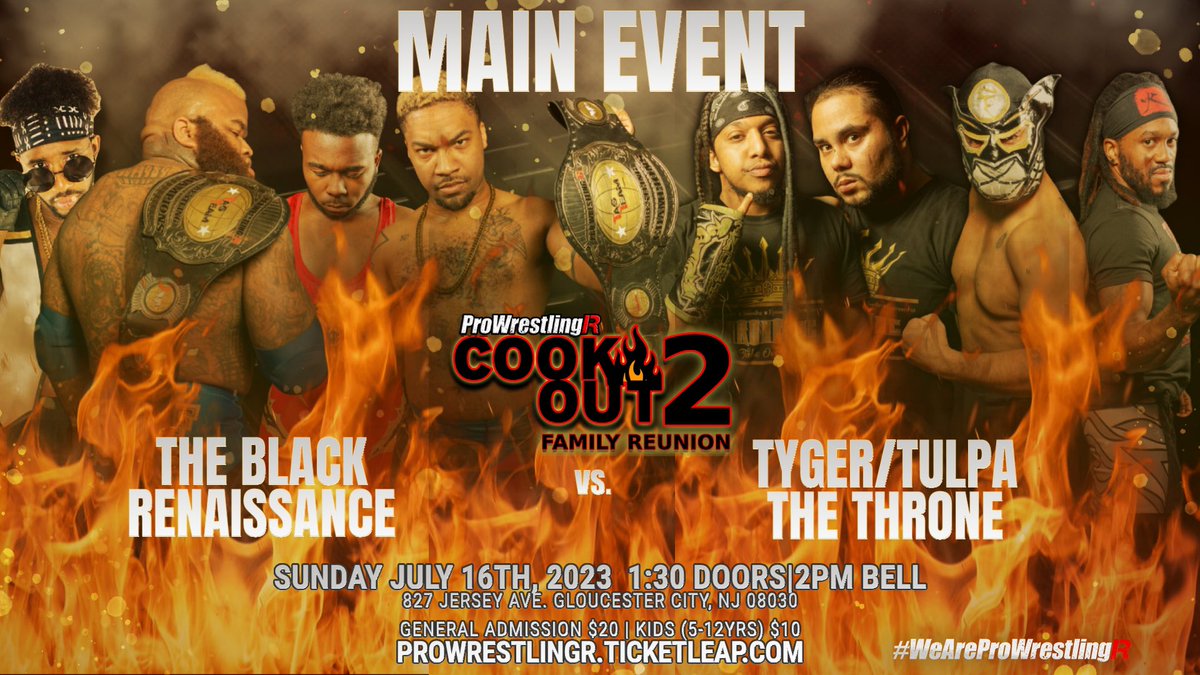 The @blkren_pw came out of “Survival Of The Illest” the new Tag Team Champions. Now they face both teams they defeated; @incthrone, @Strongestunder6 & @Tulpa88 on the way to the titles in the #MainEvent of The Cookout 2.

It’s Going Down at The Cookout
prowrestlingr.ticketleap.com/thecookout2/