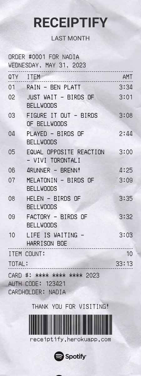 receiptify this month <3 I cant wait to see how birds of bellwoods will dominate my spotify wrapped