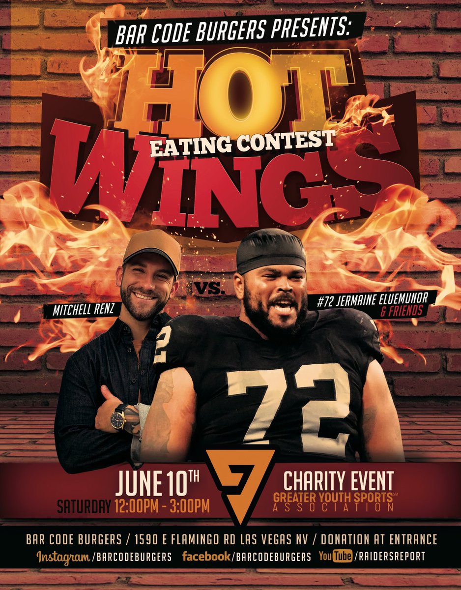Hey #RaiderNation 

Come by <a href="/BarCodeBurgers/">Bar Code Burgers</a> next Saturday while we host a charity wing eating contest with <a href="/MitchellRenz365/">Raiders Report Mitchell Renz</a> &amp; @TheMainShow_ +more. 

We have a goal to raise $2.5k for <a href="/youth_greater/">Greater Youth Sports Association 🏆</a> to help underprivileged kids play sports this year. 

SEE YOU THERE 🏴‍☠️