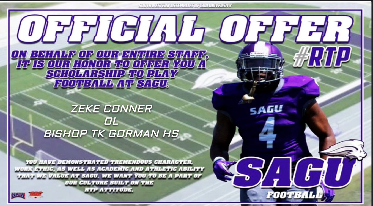 #AGTG After some Amazing conversations with @CoachP2827 , I am extremely blessed to say I have earned an offer to continue my athletic and academic career at Southwestern Assemblies of God University! @SAGU_Football @CoachGregEllis #RTP24 #LionUp