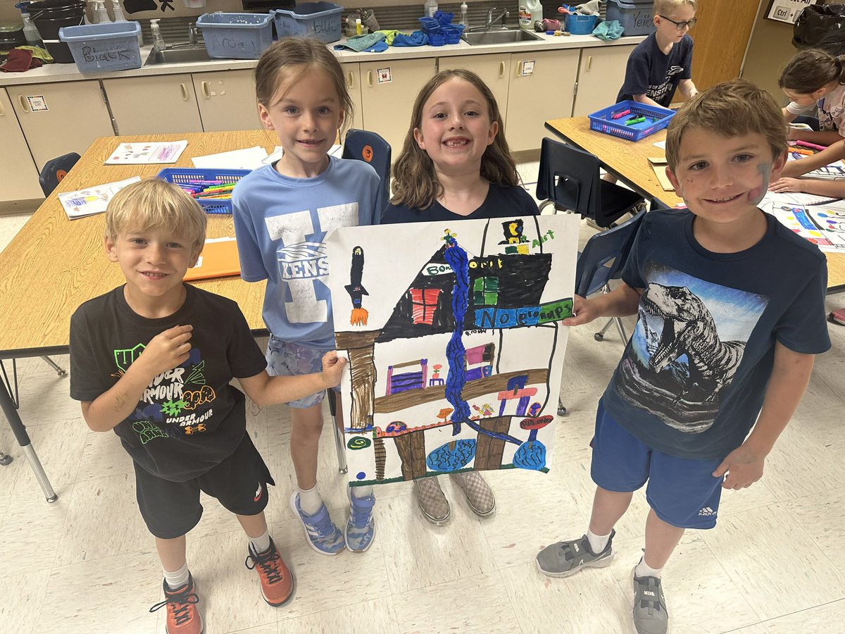 MrsRolf_ART's tweet photo. First grade students spent their last week of art class brainstorming individually then working in groups to design their ultimate treehouse. check out their awesome creations @MrsOwensTES #kenstoninspired https://t.co/nRbIp360Xe