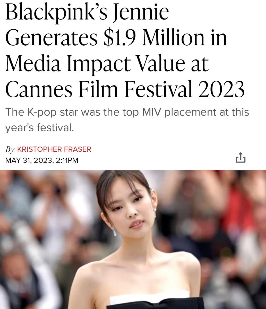 #Cannes2023 achieved a remarkable Media Impact Value (MIV) of $1.3 billion. 

#JENNIE stood out as the leading MIV contributor, generating $1.9 million. Her presence greatly influenced Chanel's MIV, contributing to their impressive $26.2 million total. 

#JENNIEatCANNES