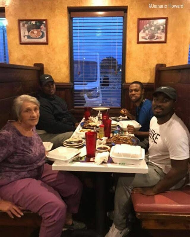 'Jamario Howard, of Lincoln, Alabama, went to a Brad’s Restaurant in Oxford with his friends, JaMychol Baker and Tae Knight. They had given their dinner orders to the waitress and were waiting on their food to arrive at their table when Jamario spotted an elderly woman at a…