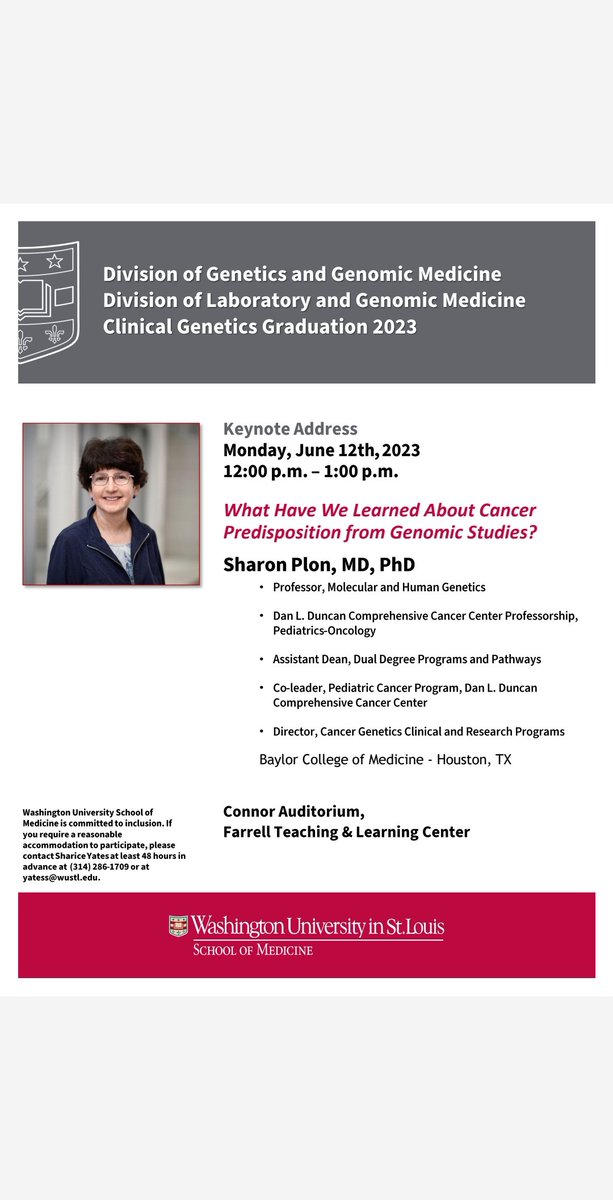 WashUMedGen's tweet photo. We are excited to host Dr. Sharon Plon @BaylorGenetics @bcmhouston as our fellows' graduation speaker. Join us on Monday, June 12 at noon for her talk on genomic studies and cancer predisposition. @WUSTLmed @WUSTLPeds @washupathedu https://t.co/TQAo7QOFBW