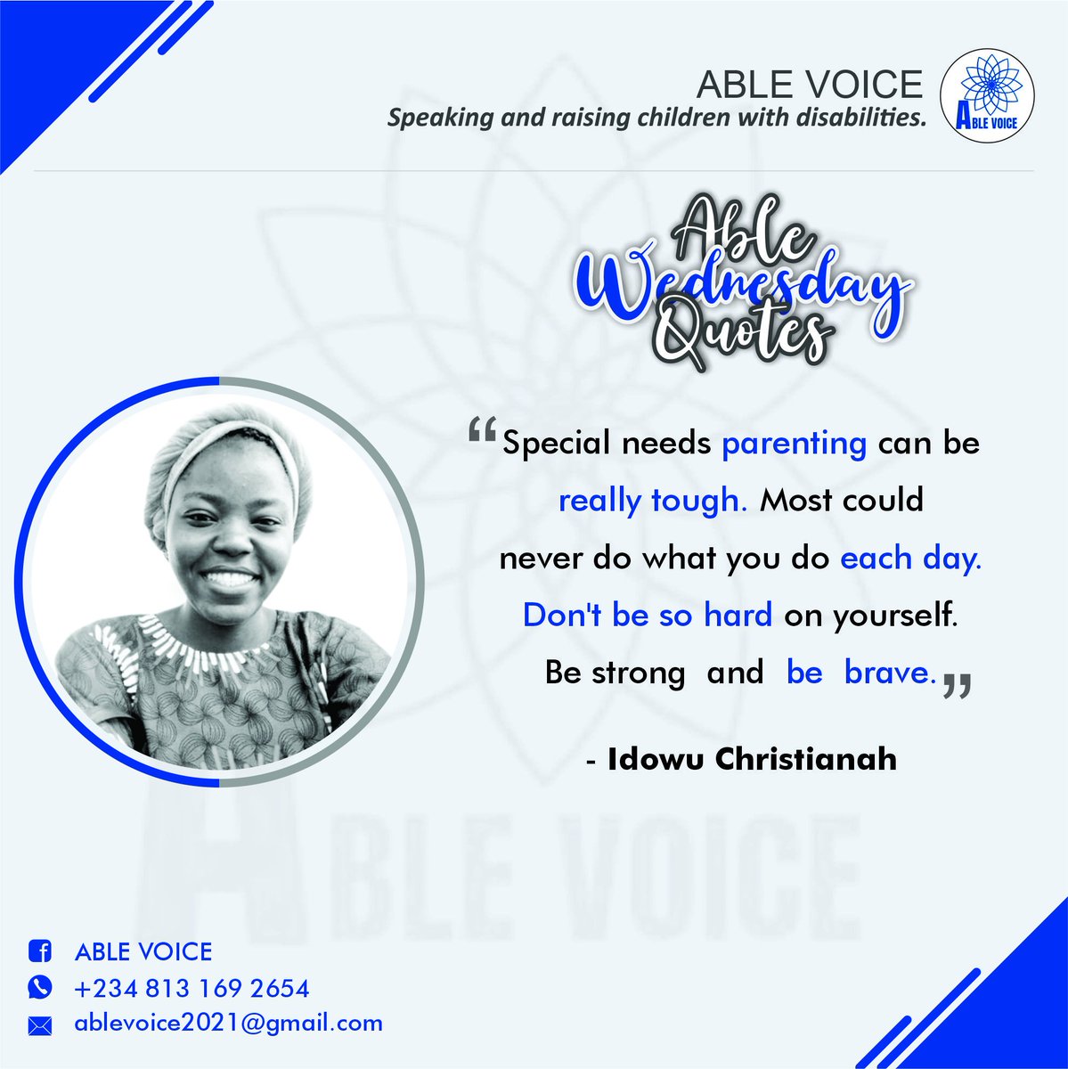 Don't be so hard on yourself. Be strong and be brave....
 #ability_in_disability #ablequote #disabilitymatters #productivity #AbleVoice #ablewednesdayquote #specialneedsparenting #advocatingforpersonswithdisability #goodparenting #comfort #hope