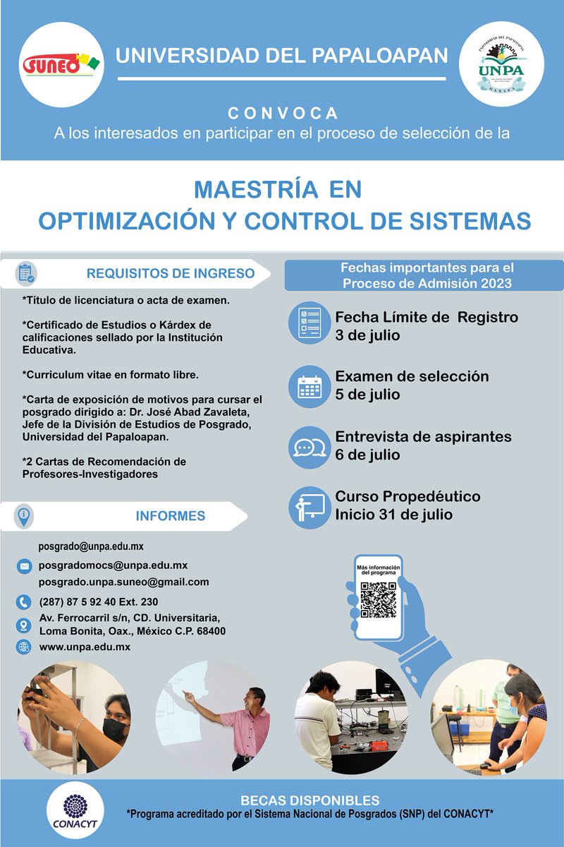 StevenChMX's tweet photo. Proceso de Admisión 2023 al programa de Maestría en Optimización y Control de Sistemas de la Universidad del Papaloapan Campus Loma Bonita, Oaxaca. Contáctanos para compartirte más información del programa de maestría. Pertenece al Sistema Nacional de Posgrados (SNP) del CONACyT. https://t.co/kjUXQuTBMQ
