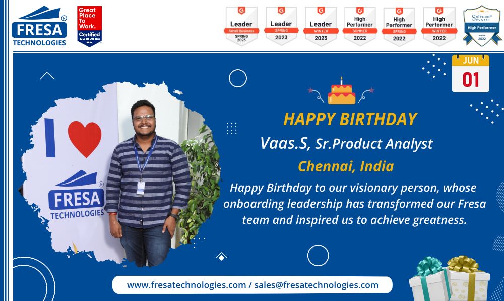 Happy Birthday to Vaas.S, Sr.Product Analyst

Happy Birthday to our visionary person, whose onboarding leadership has transformed our Fresa team and inspired us to achieve greatness.

#fresa #ProductAnalyst #TeamLeader #Training #celebration #employees #happybirthday