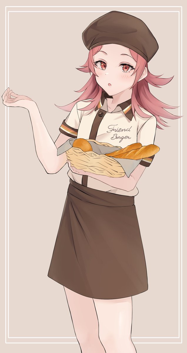 1girl solo food hat shirt skirt bread  illustration images
