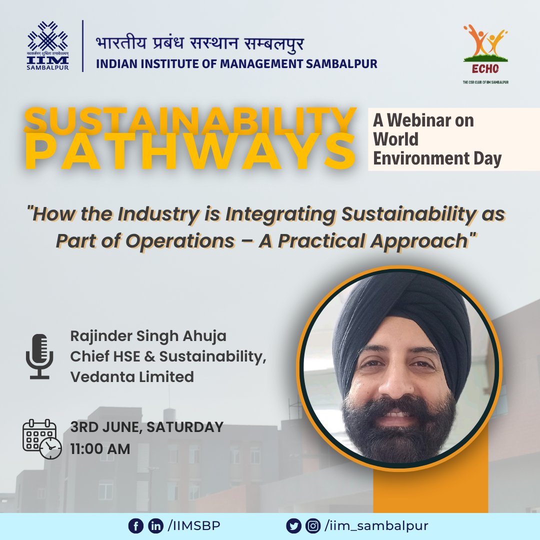 iim_sambalpur's tweet photo. In accordance with the mandate issued by the Ministry of Education, Team ECHO-The CSR Club of IIM Sambalpur is pleased to conduct an insightful webinar to celebrate World Environment Day on 3rd June 2023.
#IIMSambalpur #IIM #MBA #Sustainability #ECHO #CSRClub #SocialClub https://t.co/2RPJ9SDQyK