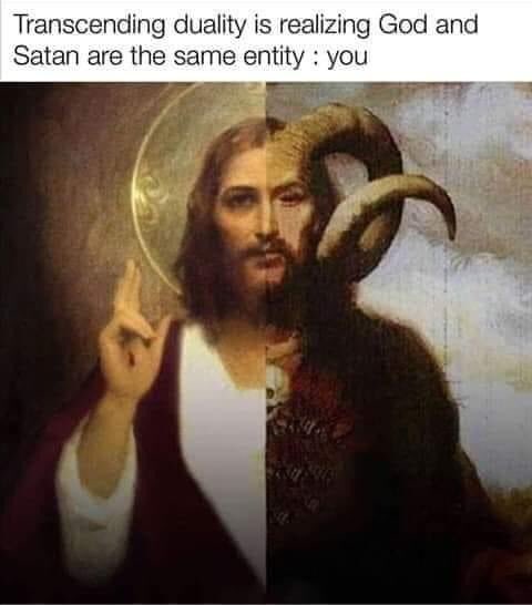 Spoiler alert: 

Both Jesus & Satan are in you. When we embrace our darkness, we create peace within, and witness peace without. No savior up in the sky. No persecutor down below. Both are right here on earth, standing on your own two feet.

Bwahahaha

👿❤️😇