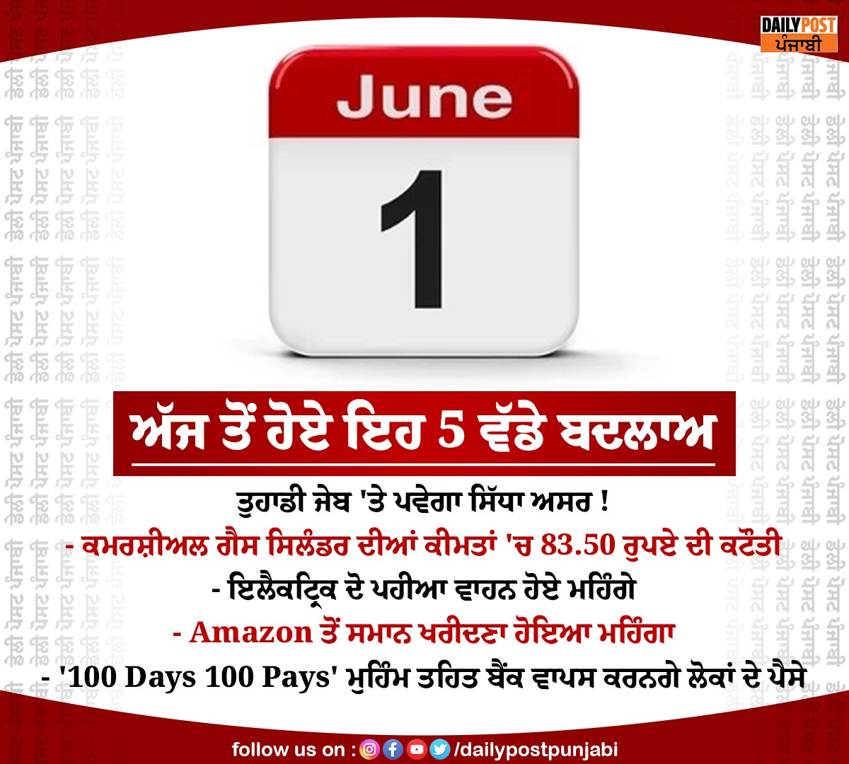 dailypostpunjab's tweet photo. ਅੱਜ ਤੋਂ ਹੋਏ ਇਹ 5 ਵੱਡੇ ਬਦਲਾਅ
#1stJune #5BigChanges #CommercialGasCylinder #Electronic #TwoWheelers #Amazon #Dailypostpunjabi #Dailypost https://t.co/PagkM73wlU