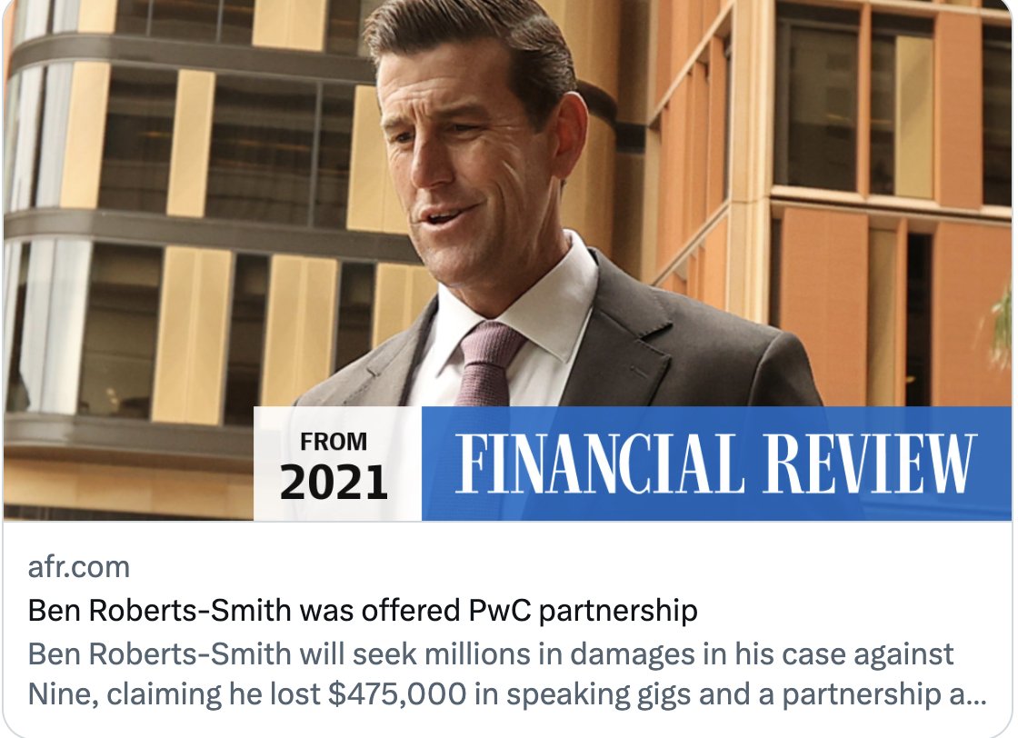 Just got a submission for the headline - ‘Ben Roberts-Smith Offered Partnership By PwC’ but then remembered that actually fucking happened