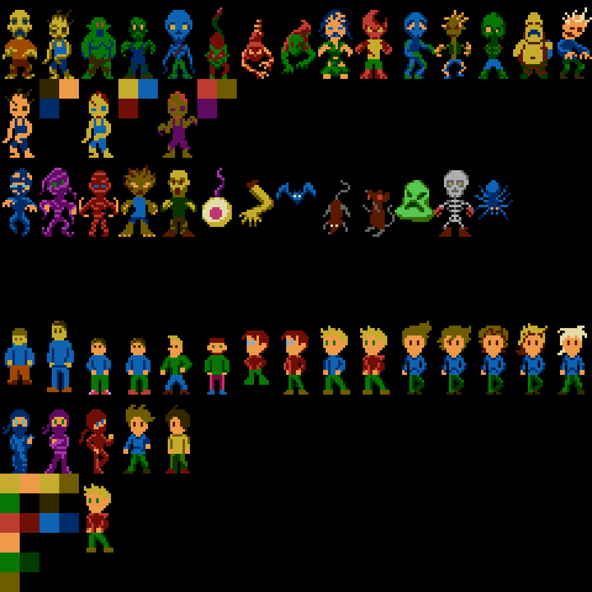 JorinDesign's tweet photo. More 8 bit assets for Zombie Legacy(NES). Some monster and character designs for 16x24 and 16x32 sprite sizes. #NESgame #indiedev #gamedev #8bit #characterdesign #8bitgraphics https://t.co/TJsrOnVTpc
