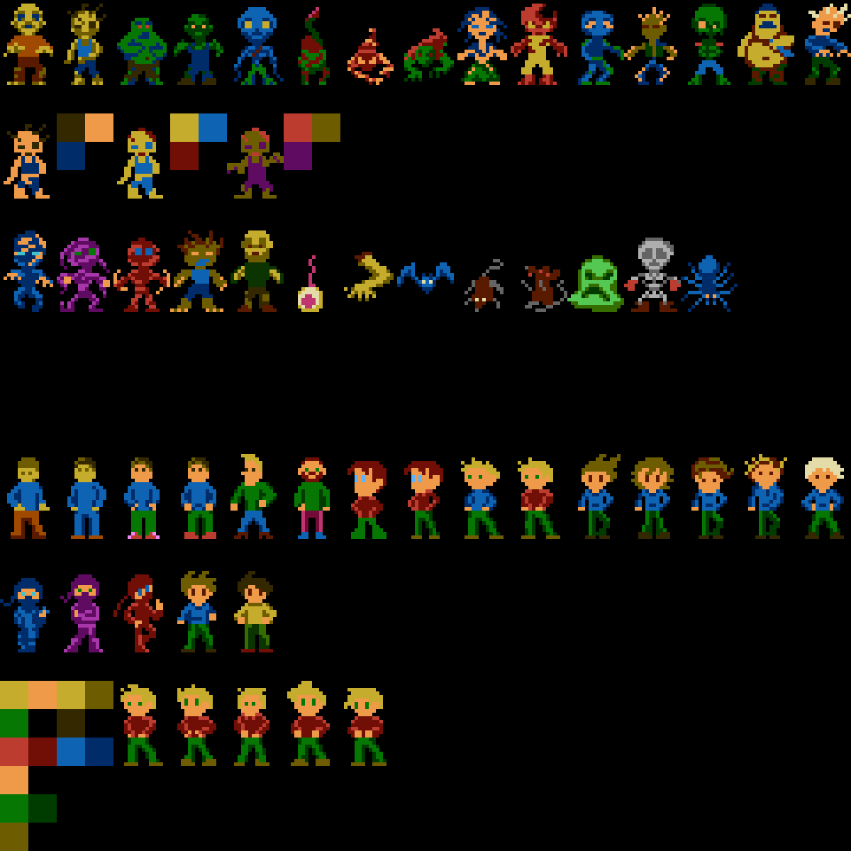 JorinDesign's tweet photo. More 8 bit assets for Zombie Legacy(NES). Some monster and character designs for 16x24 and 16x32 sprite sizes. #NESgame #indiedev #gamedev #8bit #characterdesign #8bitgraphics https://t.co/TJsrOnVTpc