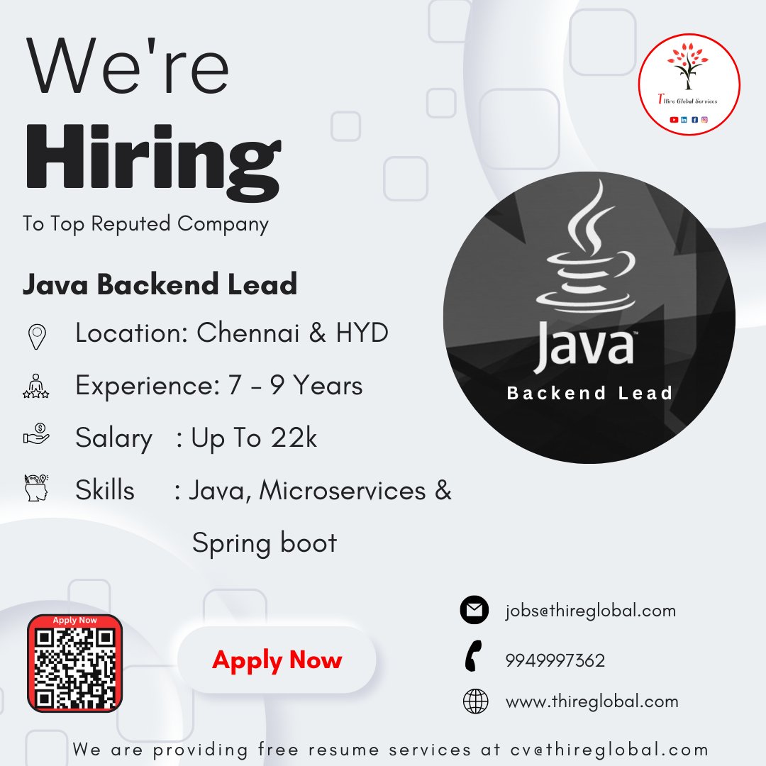 We have wonderful Opportunity for Java Backend Lead with Top reputed Company.

If you are interest send me your resume to Jobs@thireglobal.com & vasanth@thireglobal.com

Click Here: forms.gle/keQSienD1MnxDG…

 #javalead #chennai #chennaijobs #hyderabadjobs #microservices