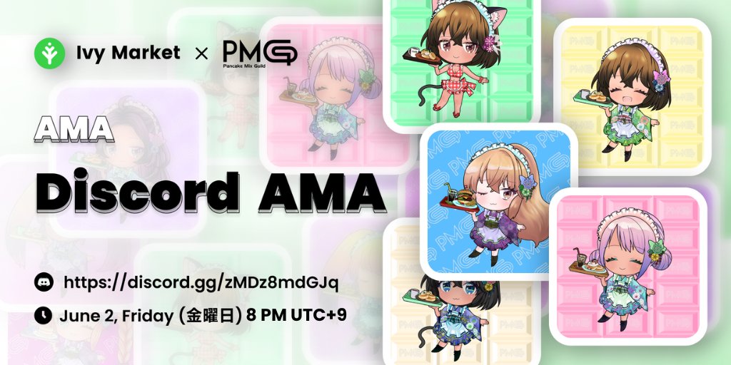 Join #IvyMarket and @PMG_JPN for a Discord #AMA  at 11AM UTC tomorrow 🥳

We'll talk about the newly listed Pancake Maid Girls #NFT collection and more 🗣️

Set a reminder now 👇
discord.com/invite/WktH2d2…