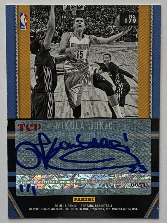 The Currency Project NIKOLA JOKIC is live on our eBay sellers page. Auction ends this Sunday (link in Bio)

Title:  Jokers Wild
Medium: Oil paint on authentic 2015-16 Panini Threads Rookie Card #179
TCP Serial Number# 0053
