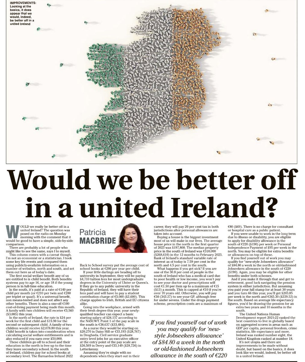 To my NI followers, please enlarge and read the article for a few comparisons on a number of key statistics between Ireland and Northern Ireland. You'll see lots of these over coming years, I am sure, and it won't be the full story regarding a United Ireland, but it's a start