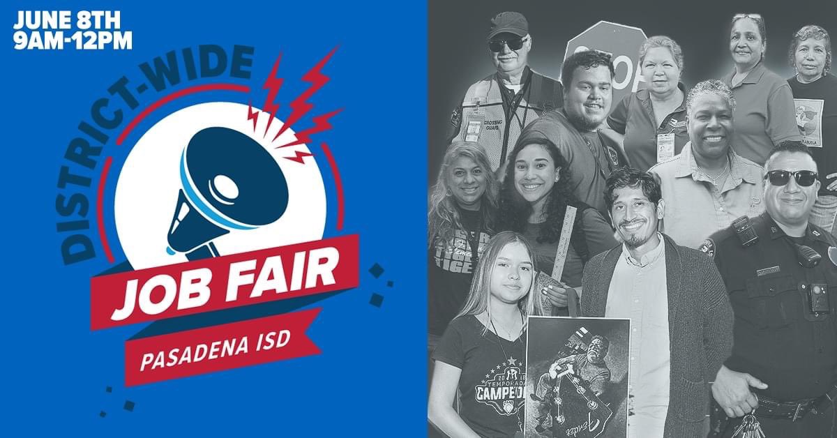 District-Wide Job Fair next Thursday, June 8th, from 9-12 at Pasadena Memorial High School. We will be hiring for all open positions. Hope to see you there! <a href="/PasadenaISD_TX/">Pasadena ISD</a>