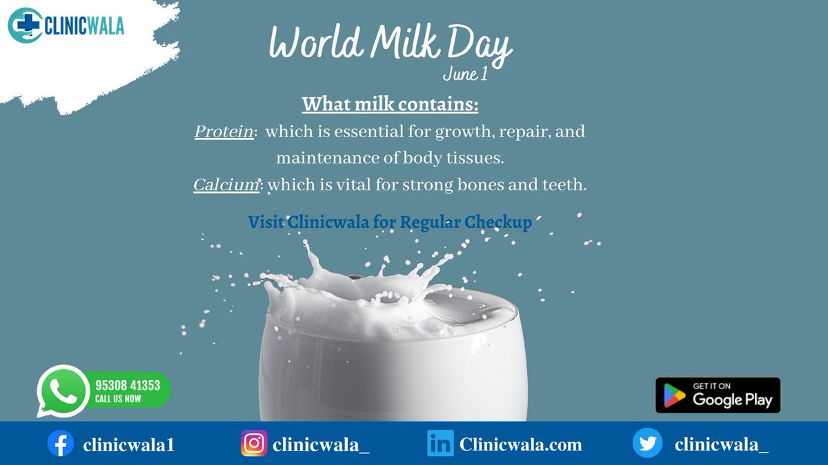 clinicwala_'s tweet image. "Celebrating the power of milk, nourishing communities worldwide on World Milk Day."

For more info:
📞 7880003838
🌐 clinicwala.com
#milk #dairytesting #milkshake #healthydrink #worldmilkday #cow  #eclinic #telemedicine #clinicwala #doctorappointment #onlineservices