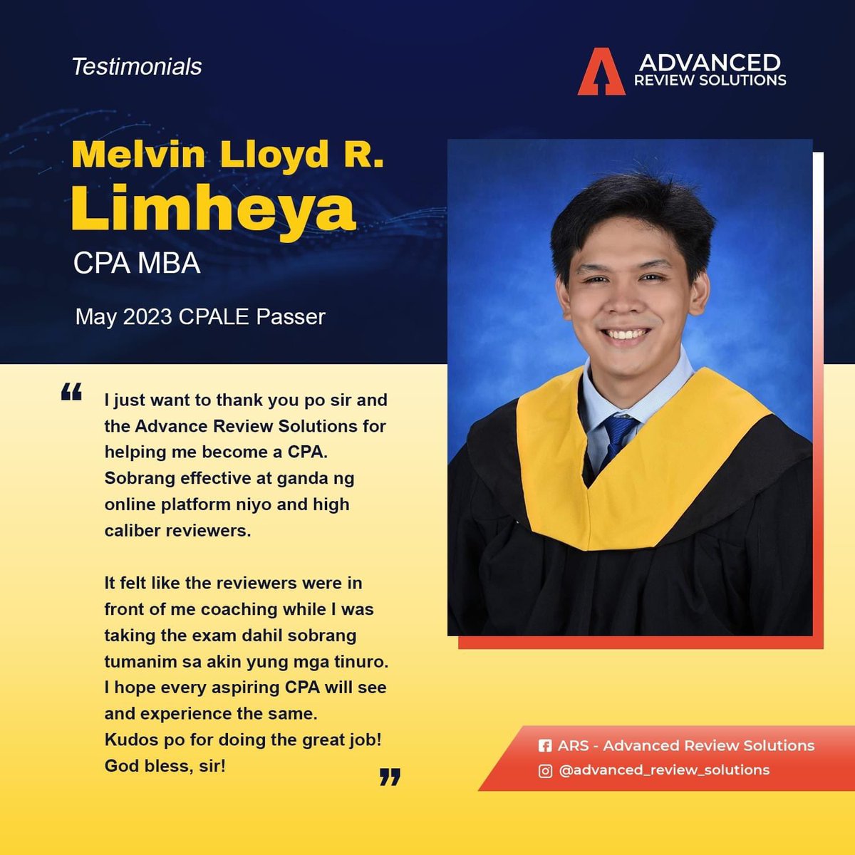 Our heartfelt congratulations to Melvin, our accomplished CPA! 🎉✨ His testimonial speaks volumes about the transformative experience he had with us at Advanced Review Solutions. We are thrilled to have been a part of his journey to success. 🌟💼
#InspiringSuccess #EnrollNow