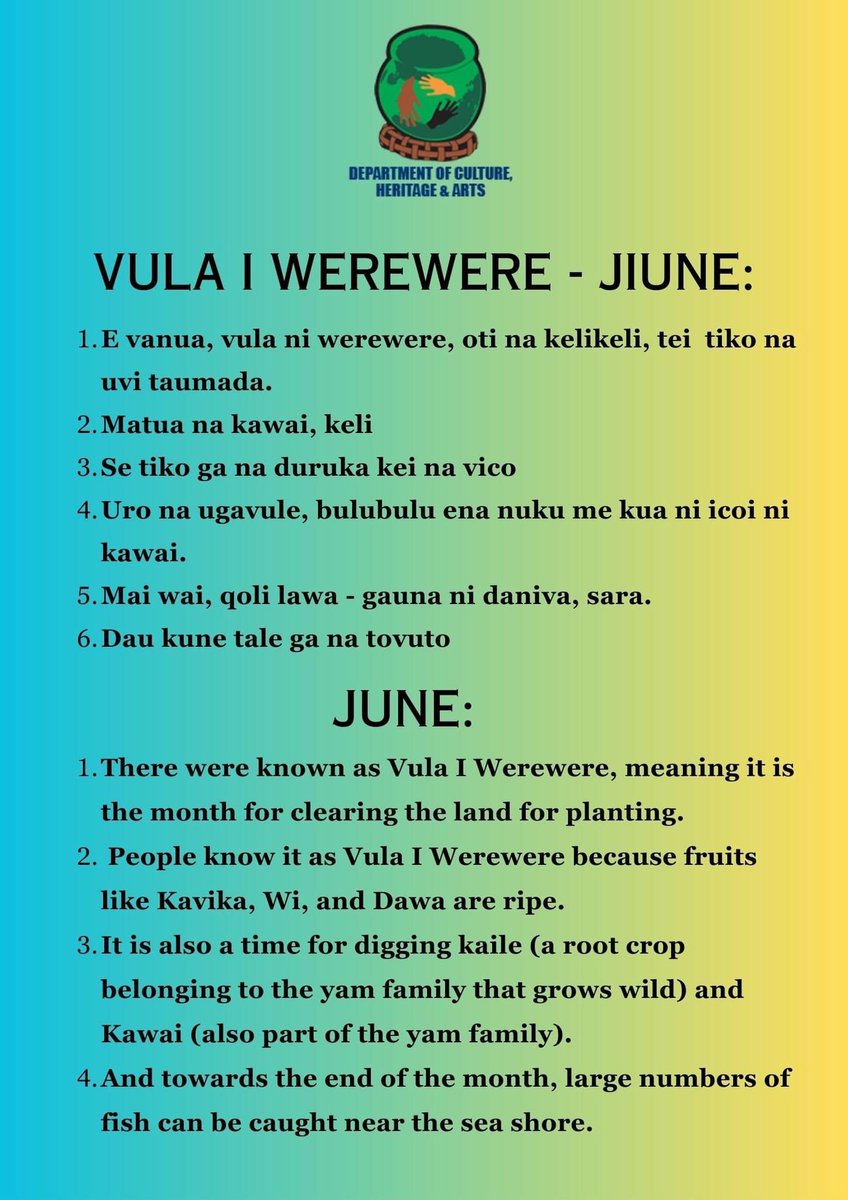 Vula I Werewere - Jiune 
The Month of Clearing the Land - June 
#VulaVakaviti #TraditionalCalendar #VulaIWerewere #MonthOfJune  #Jiune #TraditionalKnowledge #Culture