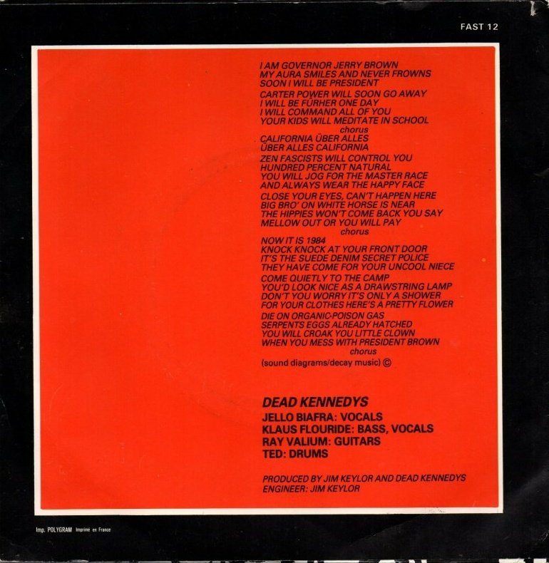 44 years ago
'California Über Alles' is a song by Dead Kennedys, released in June 1979 with 'The Man with the Dogs' as B-side

#punk #punks #punkrock #hardcorepunk #deadkennedys #history #punkrockhistory