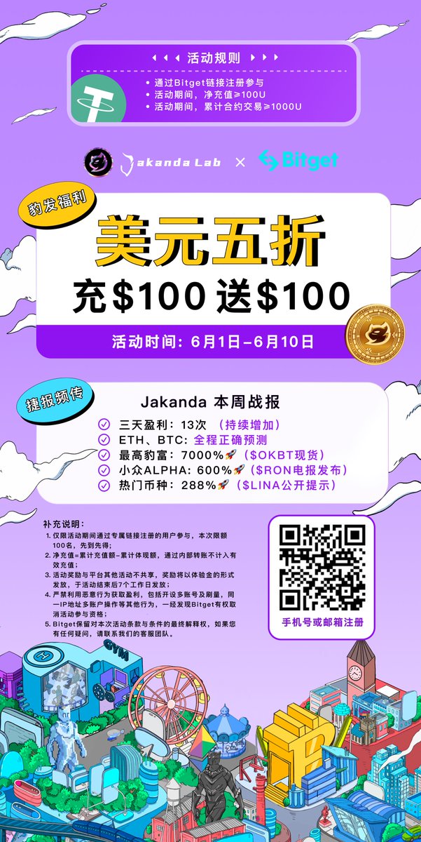 🍬小孩要糖，大人给钱更直接🫡
@Bitget × #Jakanda 送🎯儿童节好礼🎯
        🧧$100送 $100  限时限量🧧
                美元五折！豹富有期！
           妈妈再也不用担心我的交易

🔍关注：@Jakandalab  @Billy_zh  @jie69240170 
♻️转发+ 评论区 @三位好友🤑🤑🤑
👛留Trc地址抽🍗疯狂星期四×20份