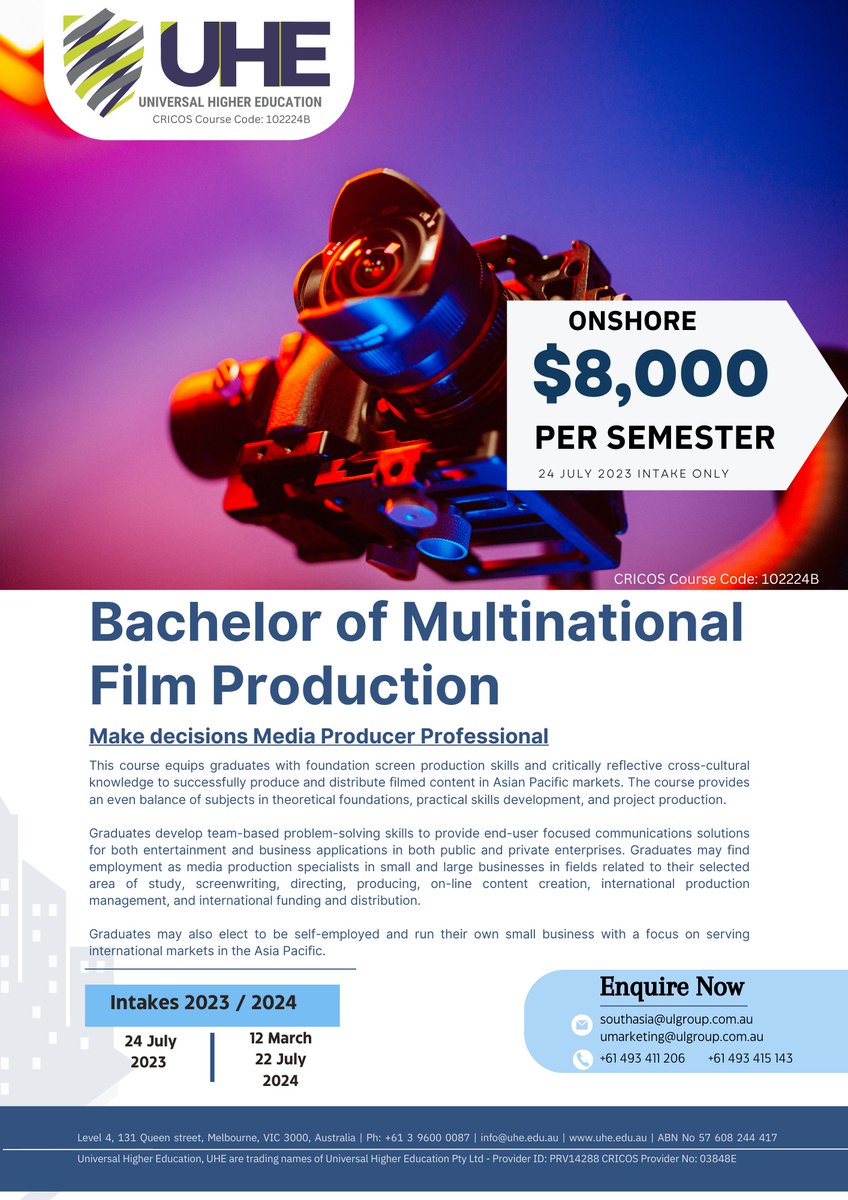 study_ulg's tweet photo. Are you looking for a career that is creative and technologically advanced? Look no further than our Bachelor of Information Technology and Bachelor of Multinational Film Production programs at Universal Higher Education - UHE Australia.

#Bachelor #melbourne #Australia #IT https://t.co/zr7lxacO1B
