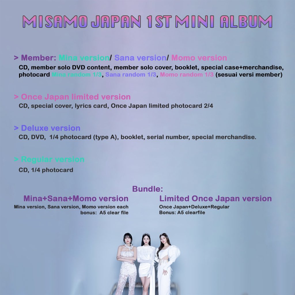 banilla_id's tweet photo. Pre Order - TWICE MISAMO JAPAN 1ST MINI ALBUM
🐧🐹🍑
- Versi:
deluxe / once japan / individual cover / regular
- PO 1 ~s/d:
10Jun23 || PO 2 ~s/d 29Jun23
- untuk detail please check link:
✨ https://t.co/hbJGSftEkW
🫧 #twicejapan #misamo #twicemerchandise #twicealbum https://t.co/zInN7ghNjl