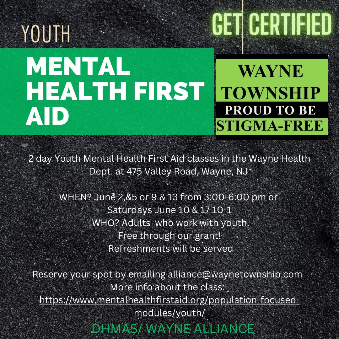 Wayne Valley High School (@waynevalleyhs) on Twitter photo ⚠️🚨Parents, Guardians, educators, community members
@waynealliancenj is providing free youth mental health first aid certification courses. Training is perfect if you work w/teens!
@wv_counselors Mr. Paul & AP @Mr_S_Wisniewski will be providing the training.
<a href="/WVHS_Principal/">Kenneth J Palczewski</a> ⚠️🚨Parents, Guardians, educators, community members
@waynealliancenj is providing free youth mental health first aid certification courses. Training is perfect if you work w/teens!
@wv_counselors Mr. Paul & AP @Mr_S_Wisniewski will be providing the training.
<a href="/WVHS_Principal/">Kenneth J Palczewski</a>