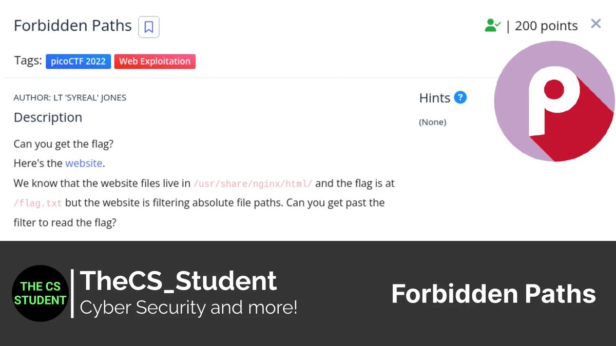 TheCS_Student's tweet image. Doing a little challenge from picoCTF.
Relative Paths vs Absolute Paths 
Challenge -&amp;gt; &quot;Forbidden Paths&quot; from @picoCTF 
youtu.be/jgW127teLDY 
#cybersecurity #Pentesting #Hacking #webdevelopment