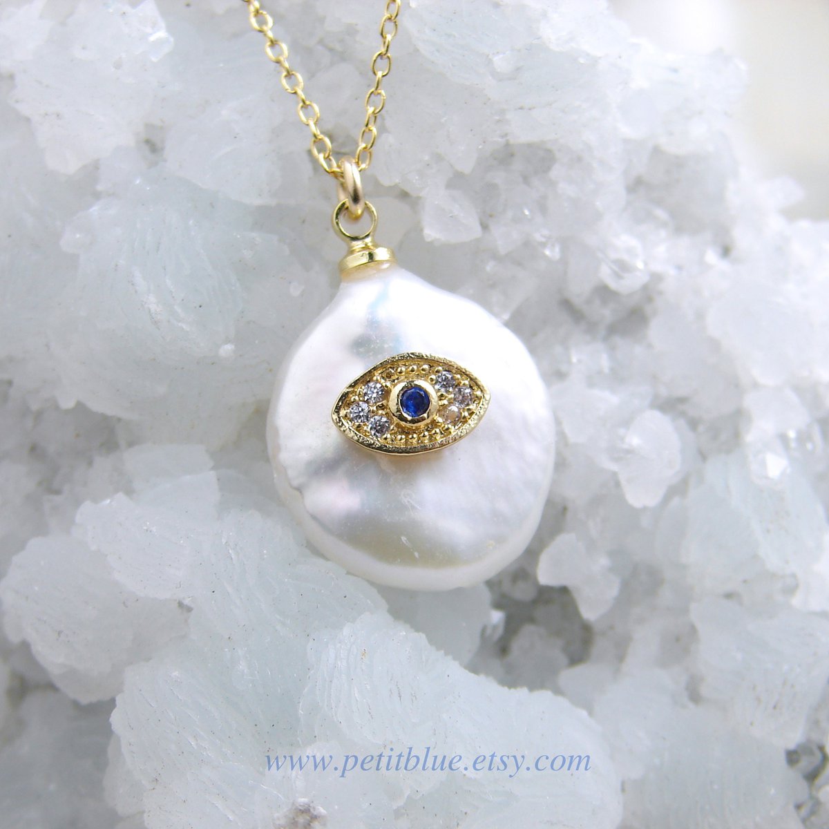 Evil Eye Necklace ~ Freshwater Pearl Necklace ~ CZ Pave Evil Eye ~ Blue Evil Eye ~ June Birthday ~ Lucky Charm ~ White Pearl Necklace tuppu.net/c9637a5a #PetitBlue #Etsy #HolidayGift