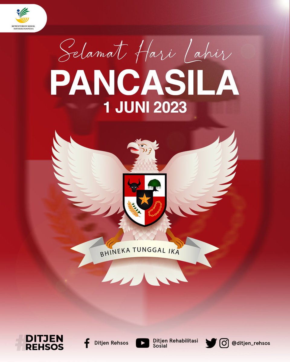DITJEN_REHSOS's tweet photo. Selamat Hari Pancasila 1 Juni 2023. Mari amalkan butir-butir Pancasila di kehidupan sehari-hari. Memupuk kerukunan dapat dimulai dari lingkungan terdekat. Cinta keluarga, cinta sesama manusia, dalam interaksi sosial bawa selalu semangat Pancasila.

#kemensosri
#harlahpancasila https://t.co/ymfee9XtFM