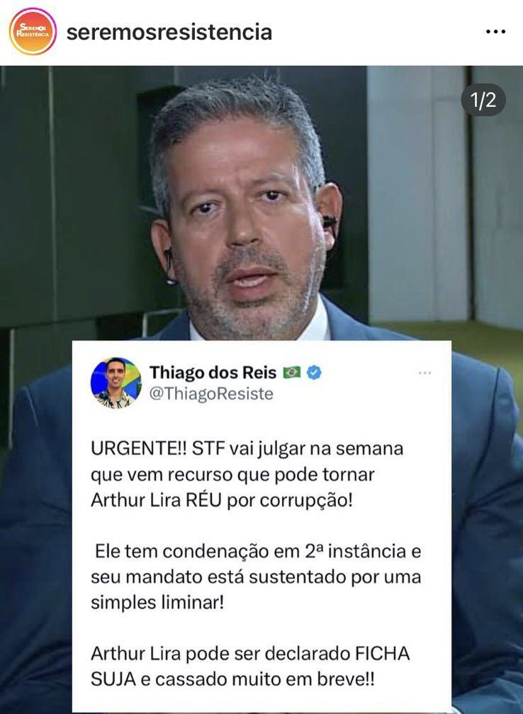 'Não dá para acreditar! Arthur Lira pode perder o mandato por 106 mil, parece que os 300 milhões desviados da assembleia na operação taturana não foram suficientes! Que absurdo é esse Brasil!' #indignação #política #corrupção #justiça #Brasilia @ThiagoResiste