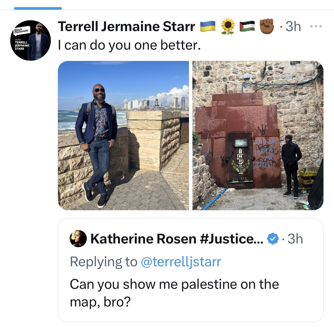 @DumisaniTemsgen When someone standing in Tel-Aviv/Jaffo calls it Palestine, it tells us everything we need to know. They’re not serious people about peace and coexistence, their for eliminating Israel from the map: