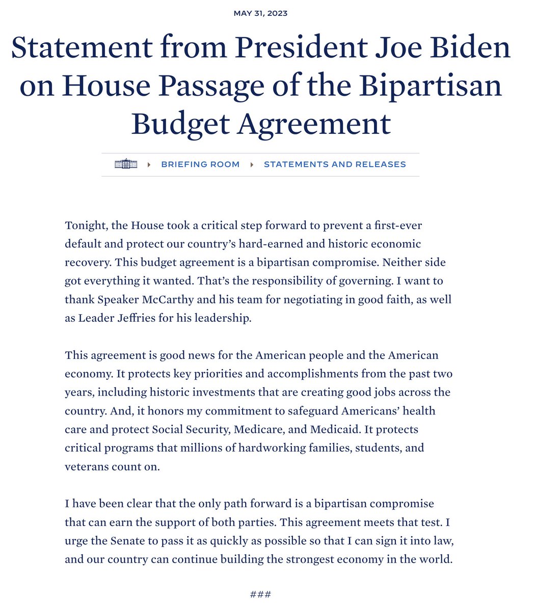 Statement from President Biden on the passage of the debt ceiling bill: