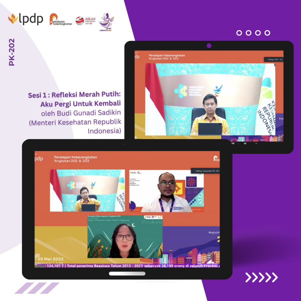 pk202_lpdp's tweet photo. Halo Uda dan Una!

Akhirnya kita sampai di hari ke-10, sekaligus hari terakhir PK 202, Senin 29 Mei 2023.

Sesi dimulai dengan materi Refleksi Merah Putih: "Aku Pergi Untuk Kembali" oleh Bapak Budi Gunadi Sadikin, Menteri Kesehatan RI. https://t.co/X8F9PFstig